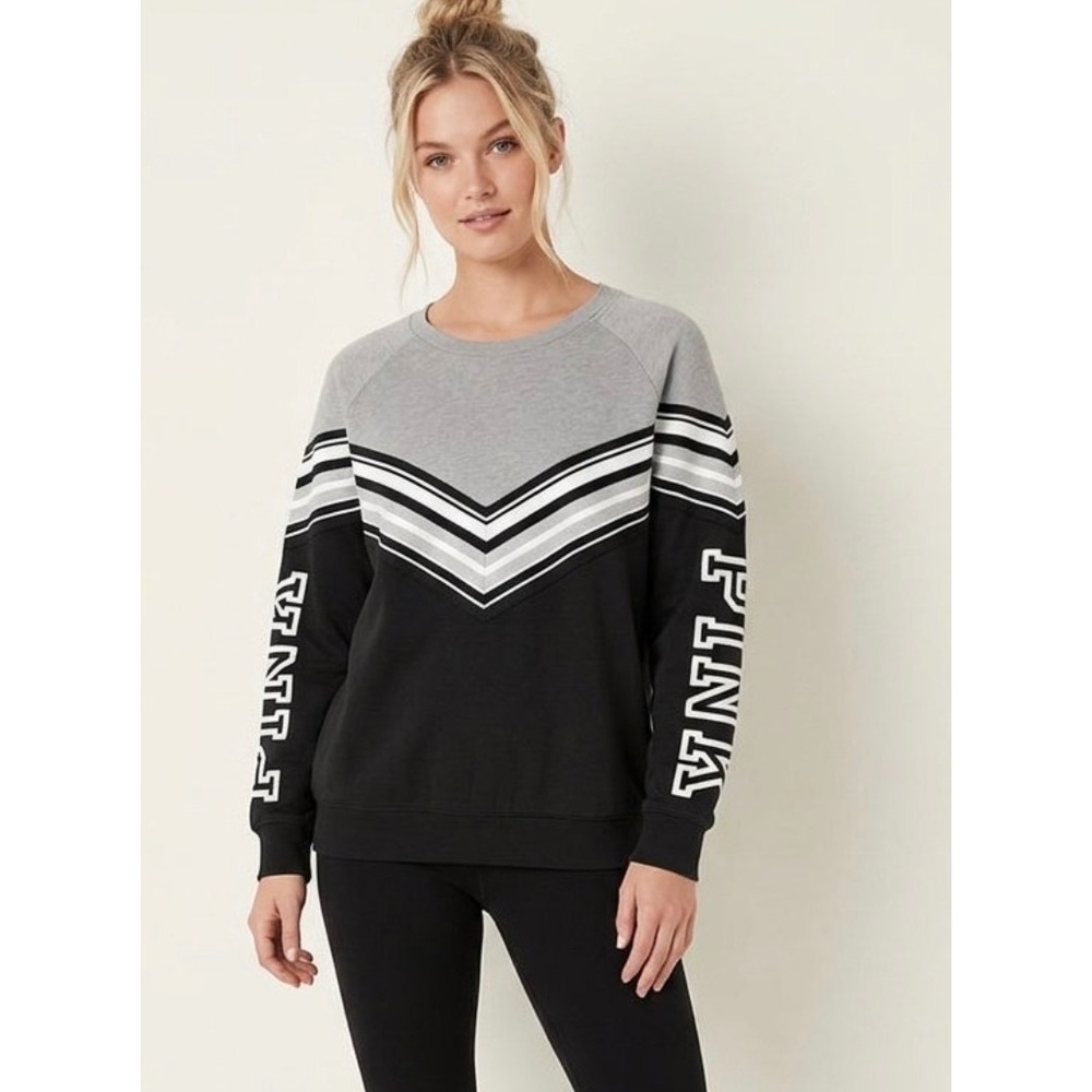 Victoria's Secret PINK Chevron Colorblock Sweatshirt Grey Black Logo Large